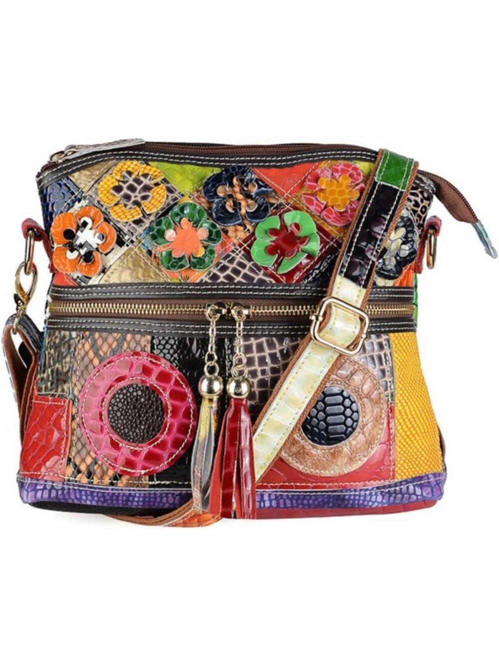 Multicolor Floral Crossbody Bag | Cowhide Leather Vintage Purse | Colorful